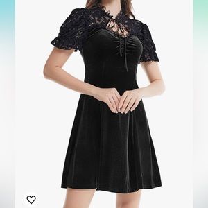 Women’s Lace/Velvet Gothic Dress - Puff Sleeve, Skater M